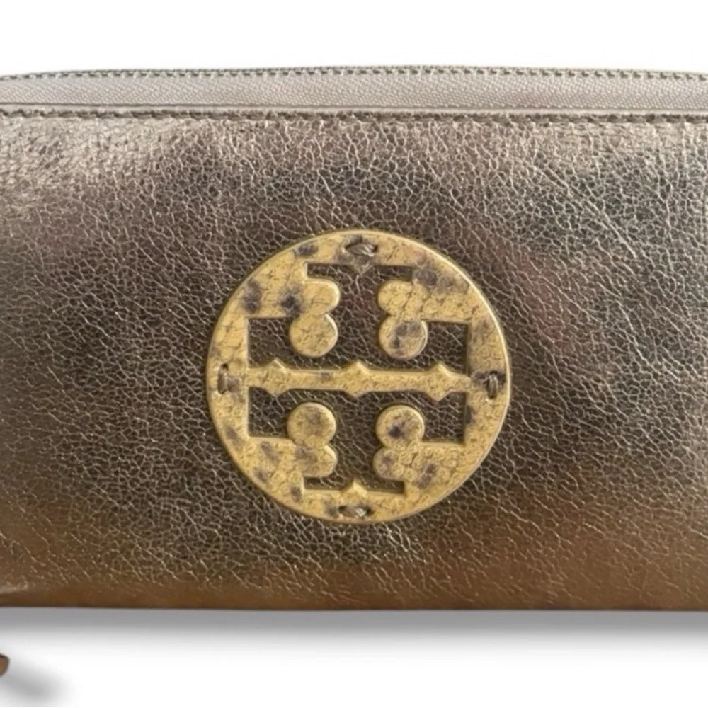 Tory Burch Metallic Silver-Gold Zip Wallet with Logo Medallion